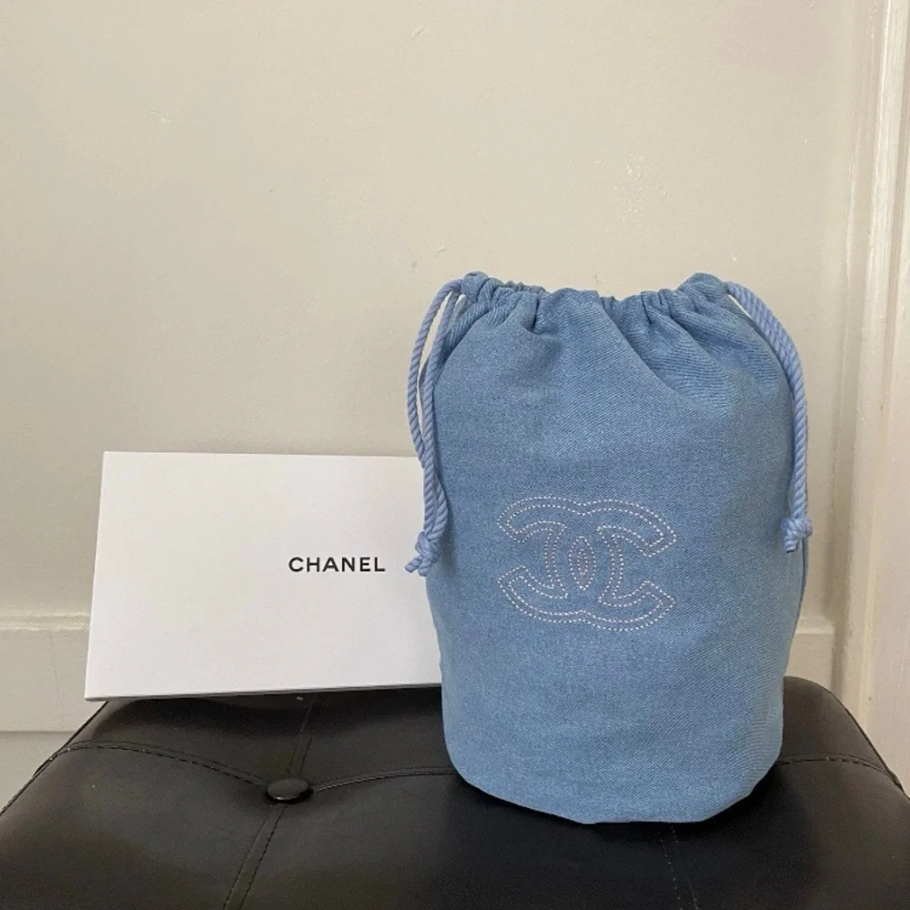 New Chanel Beauty GWP Light Blue Denim Drawstring Pouch Makeup Cosmetic Bag